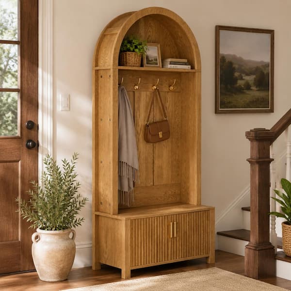 Modern Natural Finish Arched Entryway Hall Tree with Bench, Shoe Storage and Coat Hooks