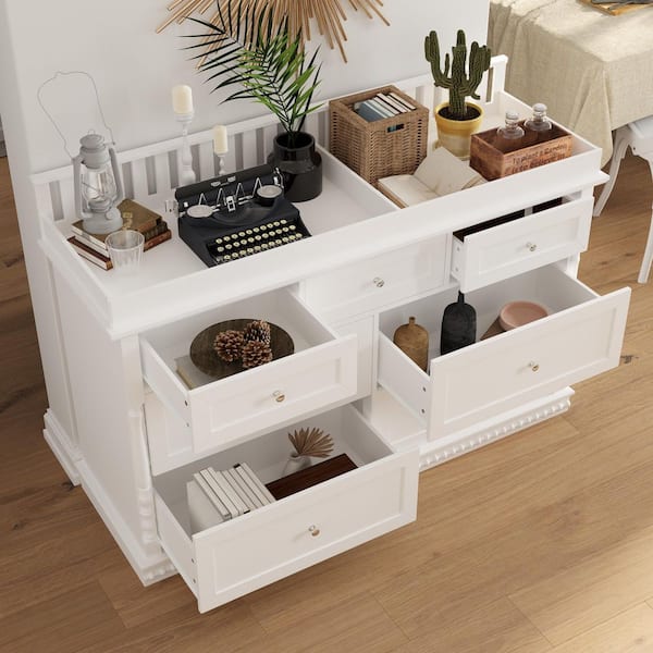 White 7-Drawer 56.5 in. Dresser with Detachable Guardrail Top