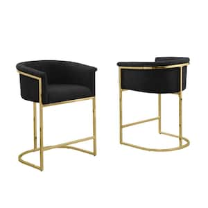 Luke Black Boucle Fabric Counter Stool Set of 2 with Floor Adjuster Gold Chrome Base