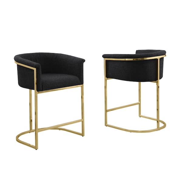 Best Quality Furniture Luke Black Boucle Fabric Counter Stool Set of 2 with Floor Adjuster Gold Chrome Base