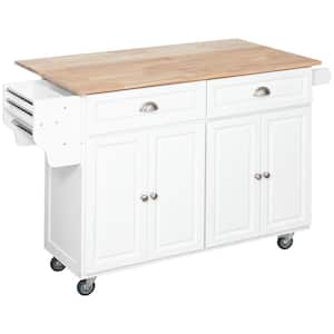 Rolling White Drop Leaf Solid Rubber Wood Top 57.5 in. Kitchen Island with Adjustable Shelves and Drawers