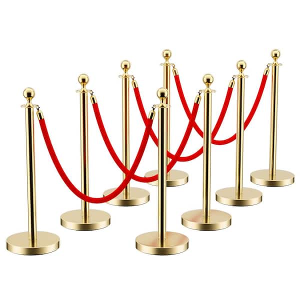 HOMEIBRO Gold Stainless Steel Crowd Control Barrier 38 in. H with Ball Top and 5 ft. Red Rope (8-Pack)