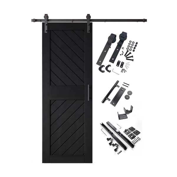 XT4 26 in. x 84 in. C-Panel Black Slanted Stripe Design Solid Pine Wood Sliding Barn Door with Hardware Kit