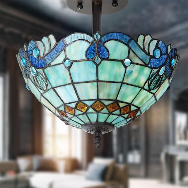 Cecilia 13 in. Bronze Bowl Semi-Flushmount Ceiling Light with Blue Stained Glass Shade