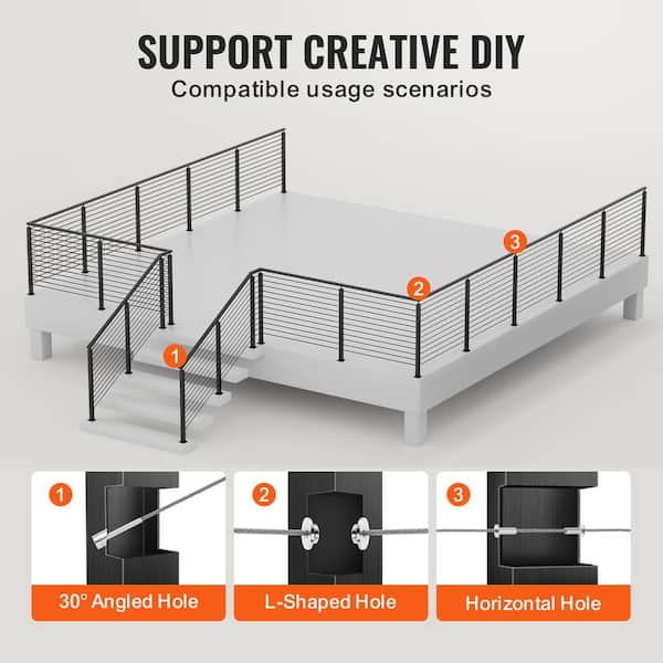 VEVOR Cable Railing Post 42 in. L x 1 in. W x 2 in. H Steel 30° Angled Hole Stair Railing Post Cable Rail Post (1-Pack )