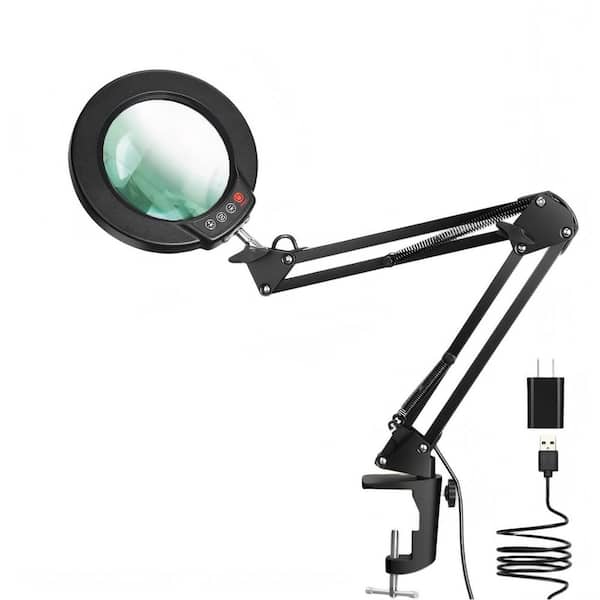 20 in. Black Plug-in 10X Magnifying Glass and Clip-on Desk Lamp for Close Work, Eye-Caring, 5 Color Stepless Dimmable