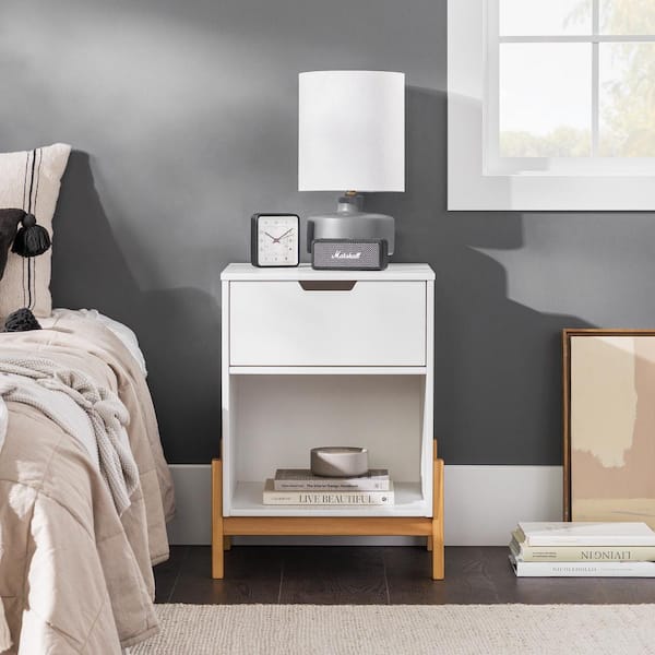 Walker Edison Furniture Company 1-Drawer White Wood Modern Nightstand with Contrasting Legs