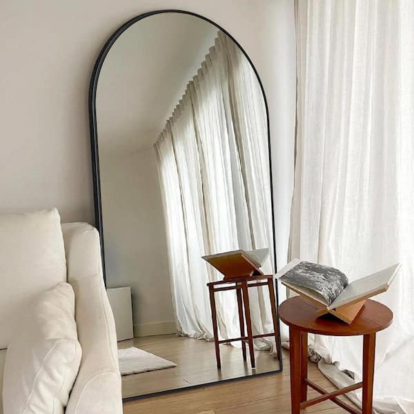 32 in. W x 71.1 in. H Arched Black Aluminum Frame Oversized Classic Wall Mount Floor Mirror
