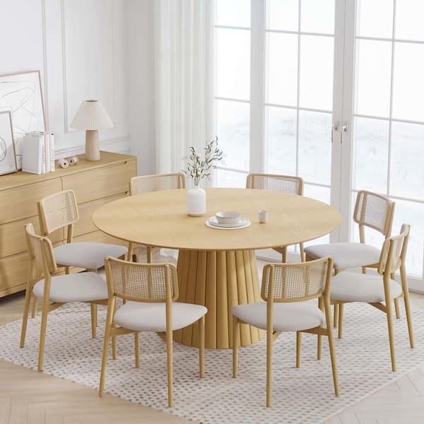 Dovelina 60 in. Natural Oak Wood Color Column Pedestal Round Kitchen Table Dining Table Seats 6