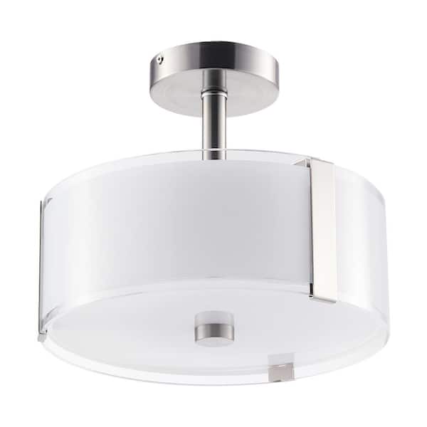 Merra 12 in. 2-Light Brushed Nickel Semi-Flush Mount with Drum Glass Shade and 2 LED Light Bulbs