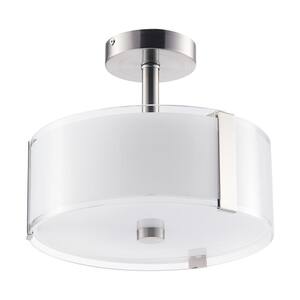 12 in. 2-Light Brushed Nickel Semi-Flush Mount with Drum Glass Shade and 2 LED Light Bulbs