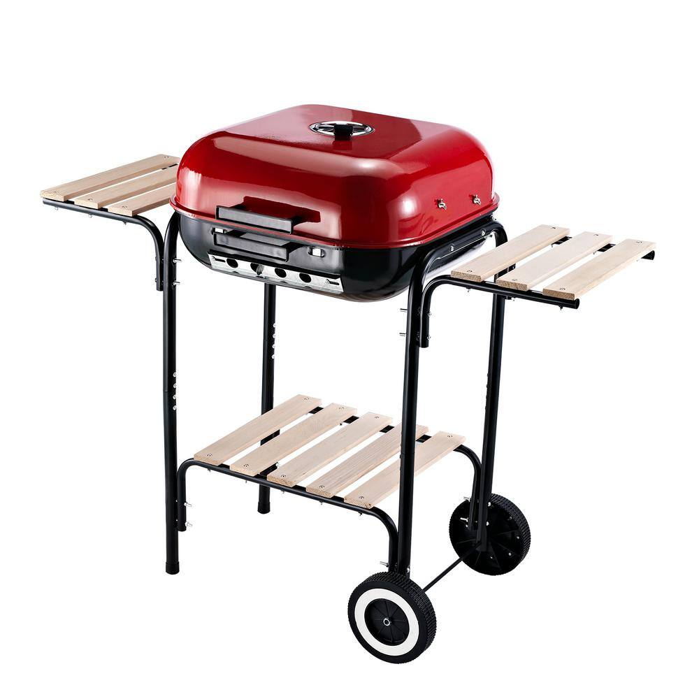 Outsunny Red and Black Portable Charcoal Grill with Shelves