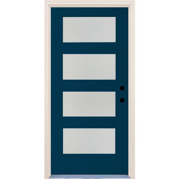 Builders Choice 36 in. x 80 in. Elite Atlantis Etch Glass Contemporary Left-Hand 4 Lite Satin Painted Fiberglass Prehung Front Door