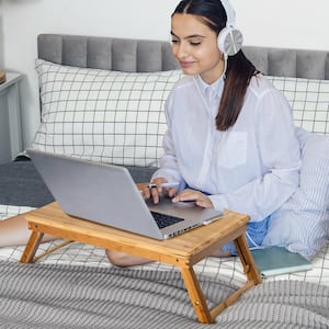 21 in. W Bamboo Laptop Desk Adjustable Folding Bed Tray with Drawer Heat Dissipation