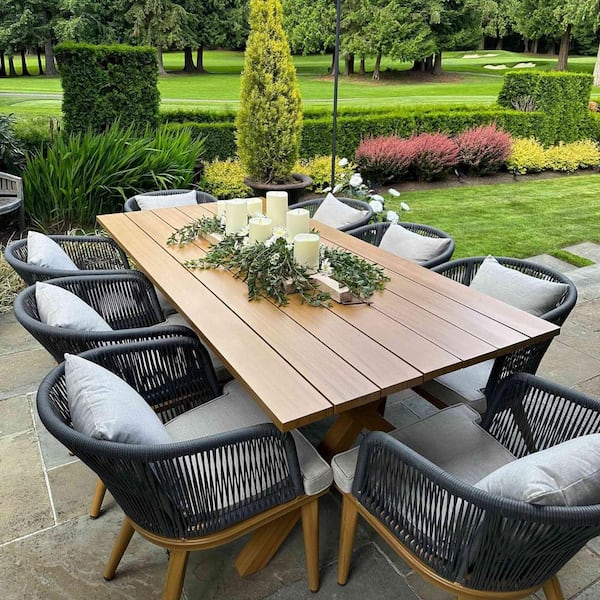 Teak-Finish 9-Piece Wicker Square Aluminum Frame Outdoor Dining Set and Pillows with Beige Cushions