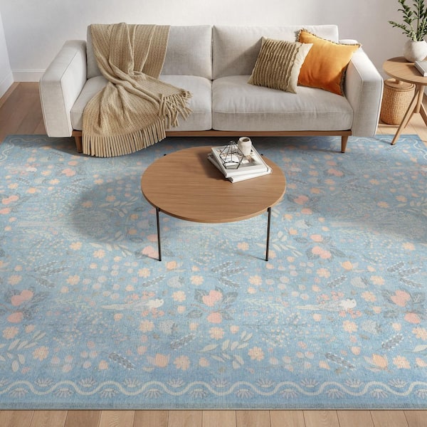Botanical Washables Light Blue Multicolor 8 ft. x 10 ft. Botanical Contemporary Area Rug