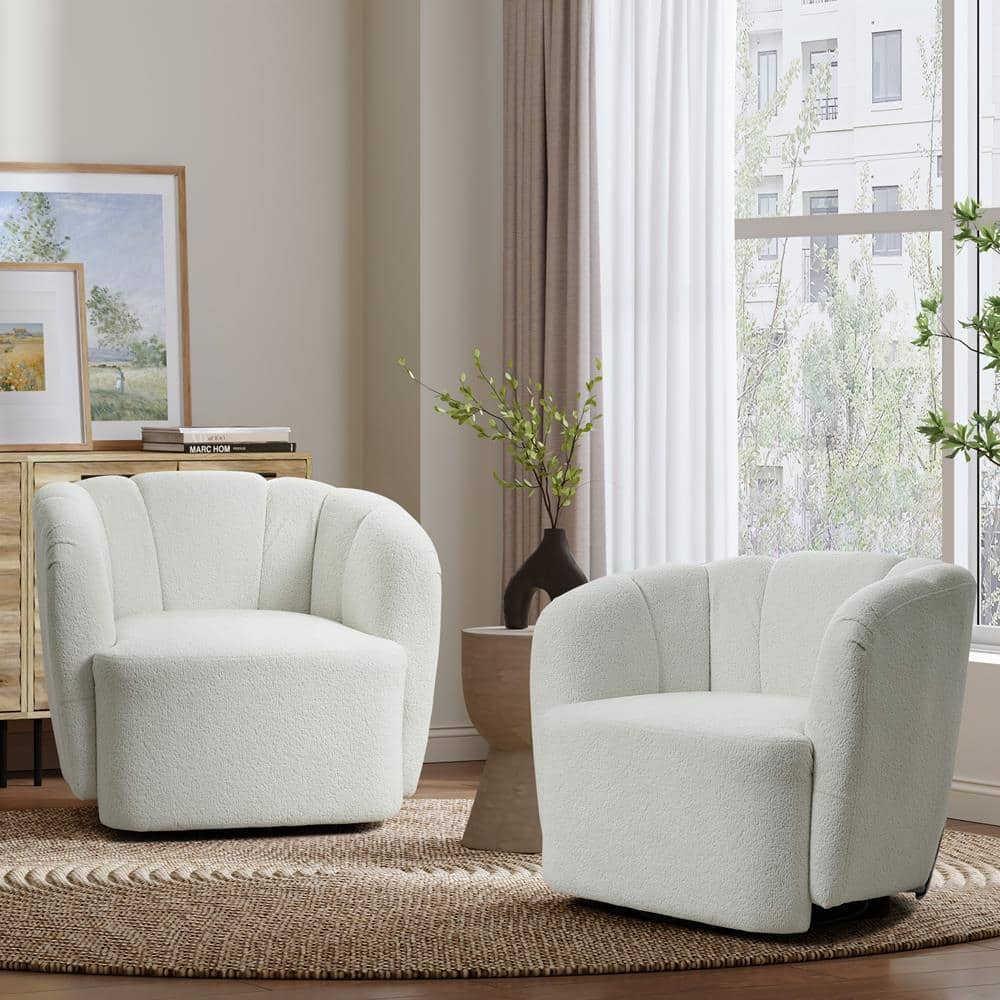 Ivory Boucle Swivel Barrel Accent Chair with Floral Backrest