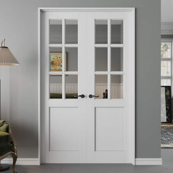 48 in. x 80 in. 6-Lite Clear Glass Universal White Solid Core Wood Double Prehung French Door+ Separate Jamb and Lockset