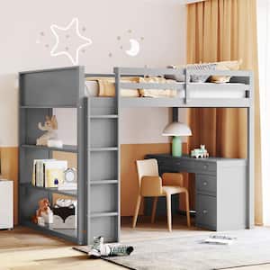 Gray Full Size Wood Loft Bed with Ladder, 3 Shelves, 5 Drawers and Desk