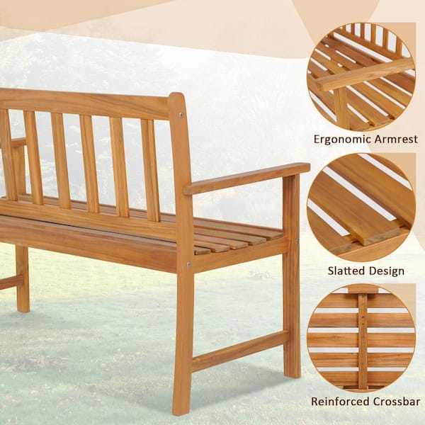 ANGELES HOME 2-Person Patio Acacia Wood Bench with Backrest and