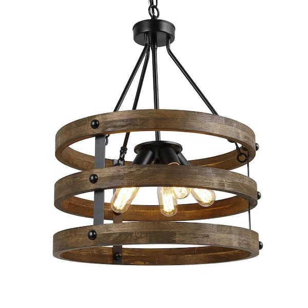 Unbranded Rustic 5-Light Black Drum Wood Cage Chandelier for Kitchen Island with No Bulb Included