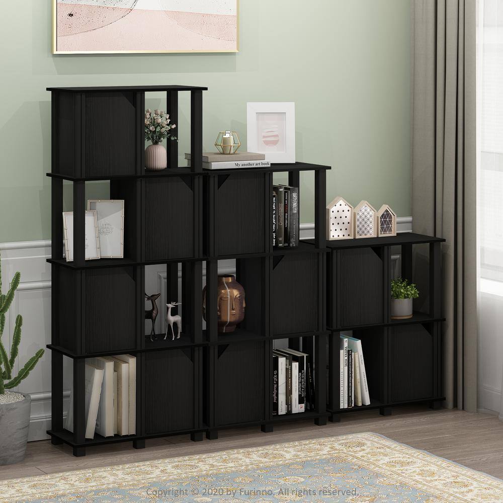 Modern Black Oak Composite Wood 4-Tier Storage Shelf with Doors
