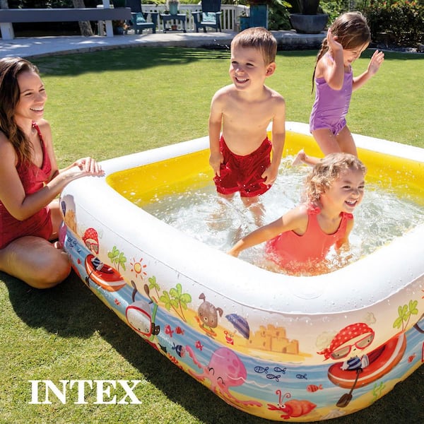 Intex - Square 62 in. x 48 in. Deep Inflatable Ocean Scene Sun Shade Kids Swimming Pool with Canopy