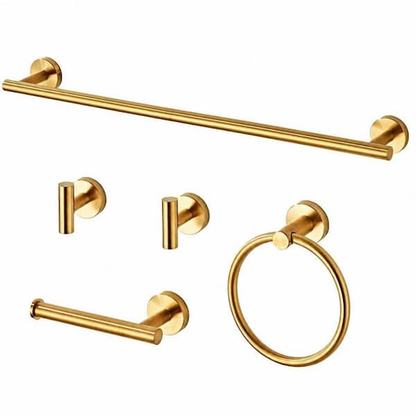 5-Piece Stainless Steel Bathroom Hardware Set with Towel Racks for Bathroom, 24 in. Wall Mounted Towel Bar Kit, Gold