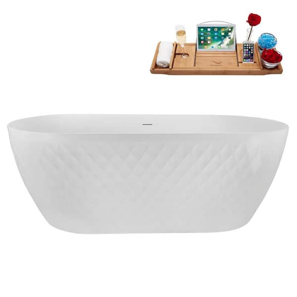 Streamline 67 in. x 31 in. Acrylic Freestanding Soaking Bathtub in Glossy White with Matte Oil Rubbed Bronze Drain, Bamboo Tray