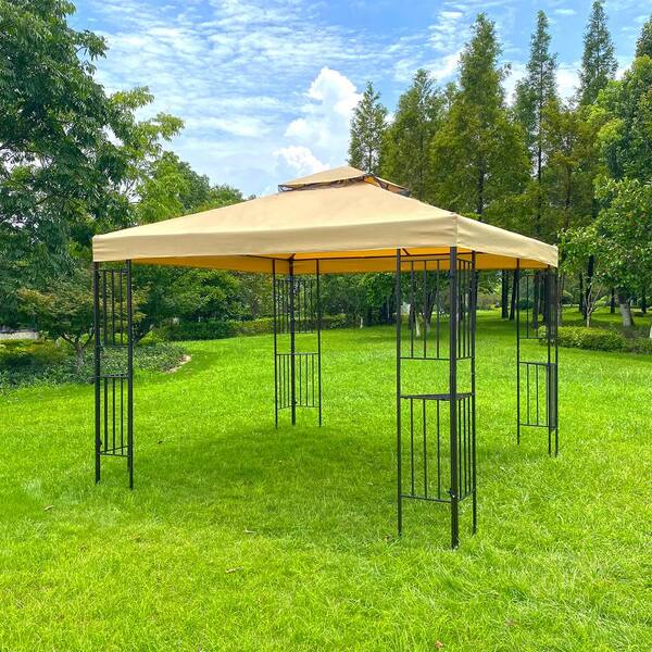 9.8 ft. x 9.8 ft. Metal Outdoor Patio Gazebo with Extended Side Shed and  LED Light in Brown LY-PG6149 - The Home Depot