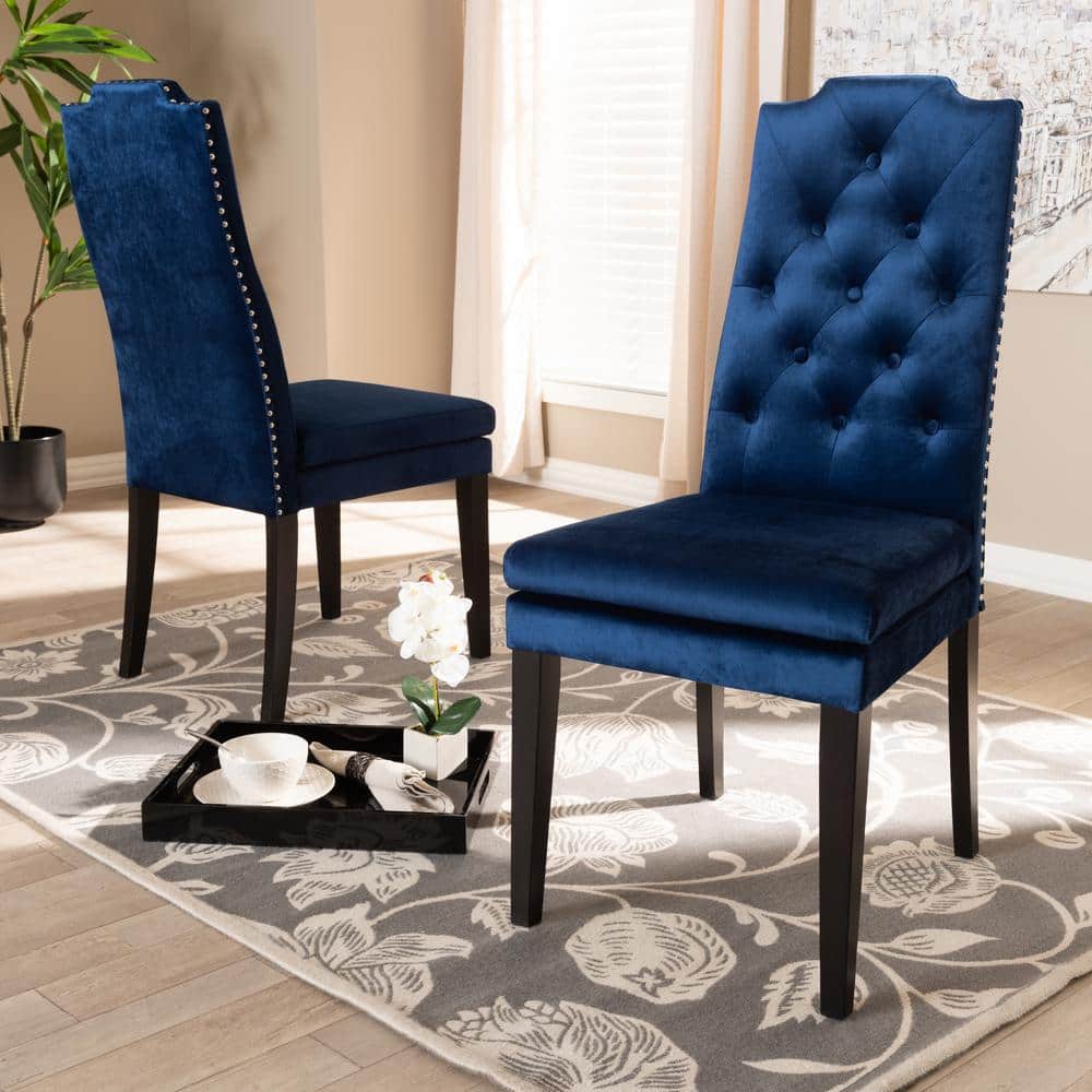 High-Back Navy Blue Velvet Upholstered Wood Side Chair