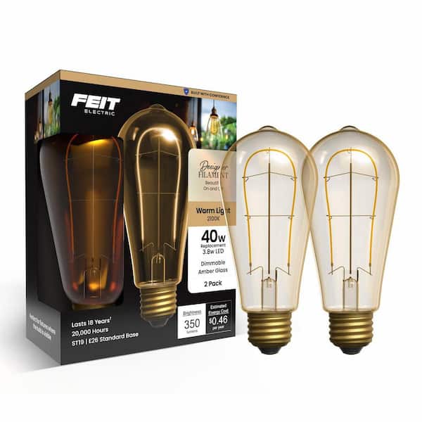 40W Equiv. ST19 Dim. U-Filament Amber Glass E26 Vintage Edison Straight Tapered LED Light Bulb Warm White 2100K (2-Pack)