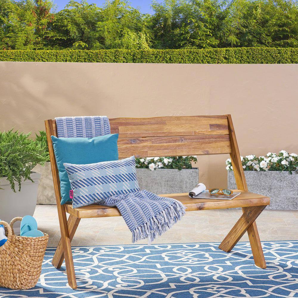 Estelle Teak Acacia Wood Farmhouse Bench with Cross Base