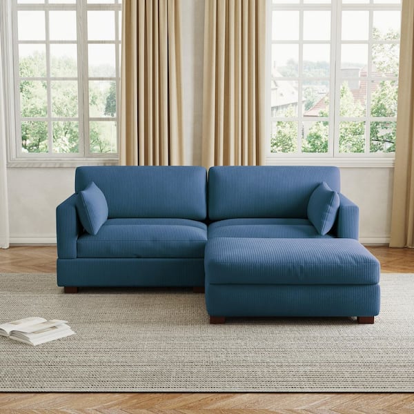 84.8 in. W Square Arm 2-Piece Corduroy Fabric L-Shaped Sectional Sofa in Navy Blue