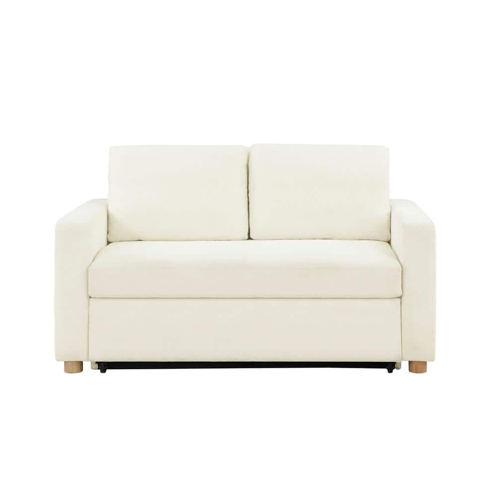 Ivory Boucle Full Size Convertible Sleeper Sofa with Wood Legs