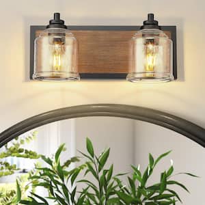 Modern 15.75 in. 2-Light Black and Dark Wood Grain Vanity Light with Clear Seeded Glass Shades