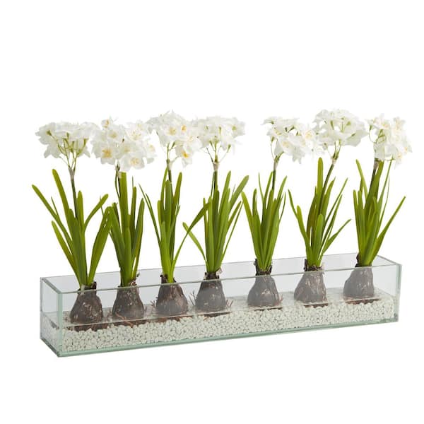 D&W Silks Indoor Artificial White Bulbs in Rectangle Glass Dish