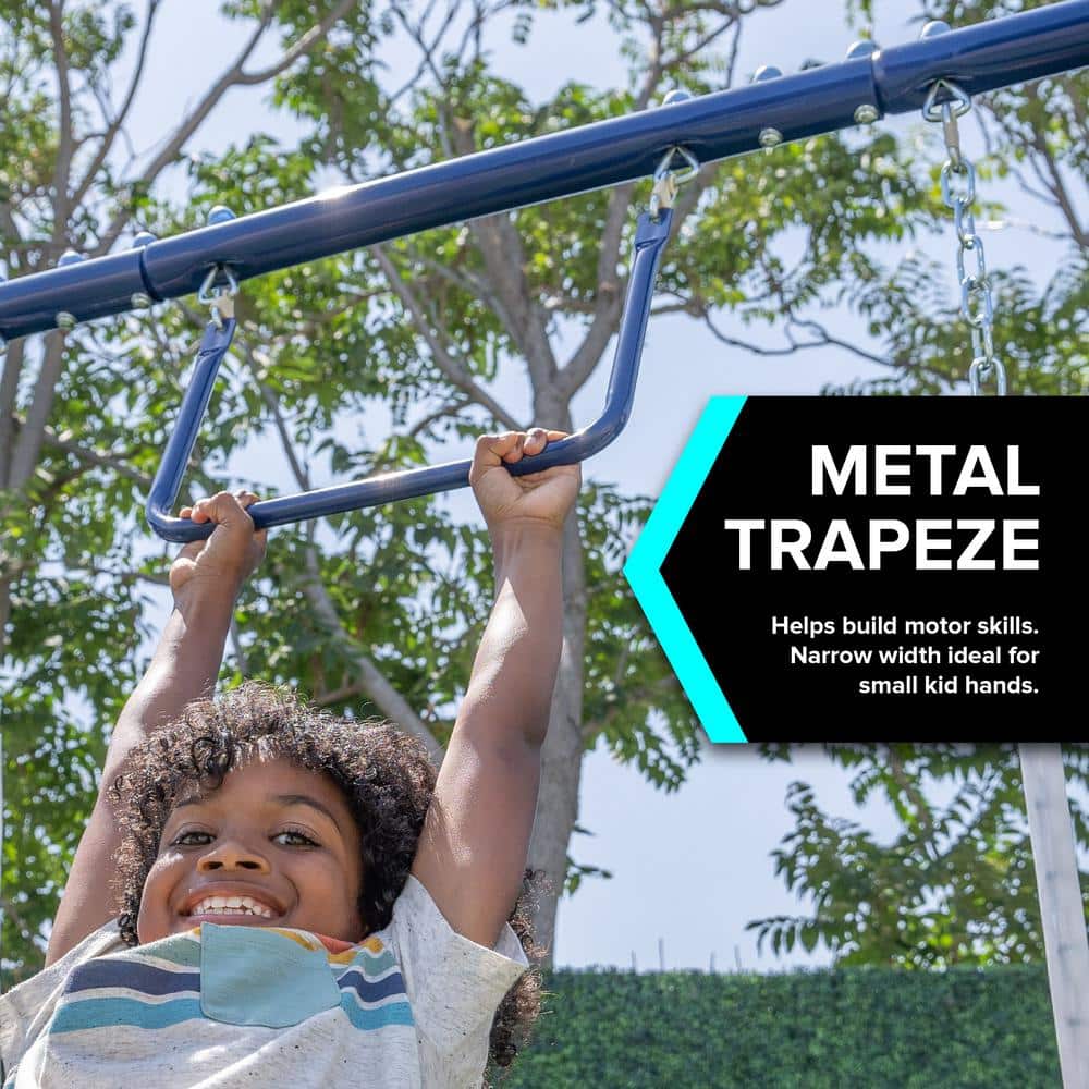 Blue Metal Swing Set with Slide and Glider