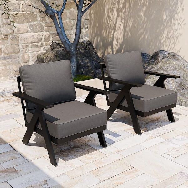 All-Weather Aluminum Garden Outdoor Patio Furniture Metal Lounge Chairs with Gray Cushions (Set of 2)