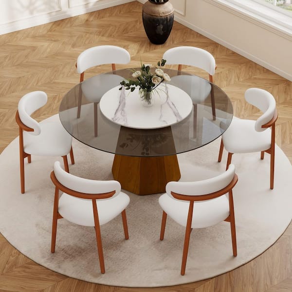 Set of 6, Upholstered Faux Leather Dining Chair with Wood Legs in Walnut