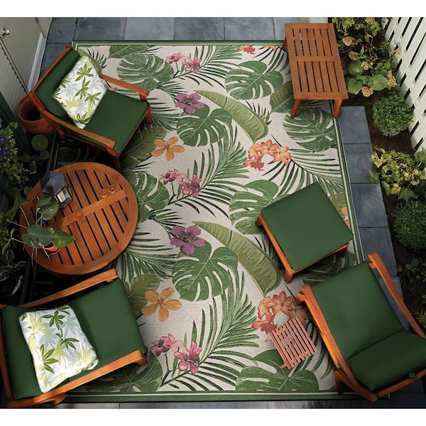 Dolce Flowering Fern Ivory-Hunter Green 2 ft. x 4 ft. Indoor/Outdoor Area Rug