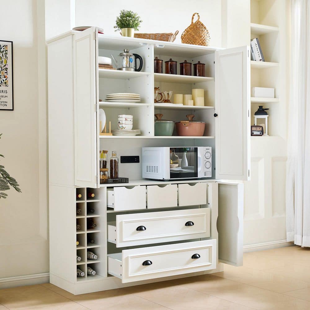 White MDF 71 in. H Storage Cabinet with Power Outlet, 4 Foldable Doors, Wine Rack, 5 Drawers and Adjustable Shelves