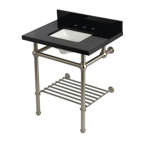 Templeton 30 in. Granite Console Sink with Brass Legs in Black Granite Brushed Nickel