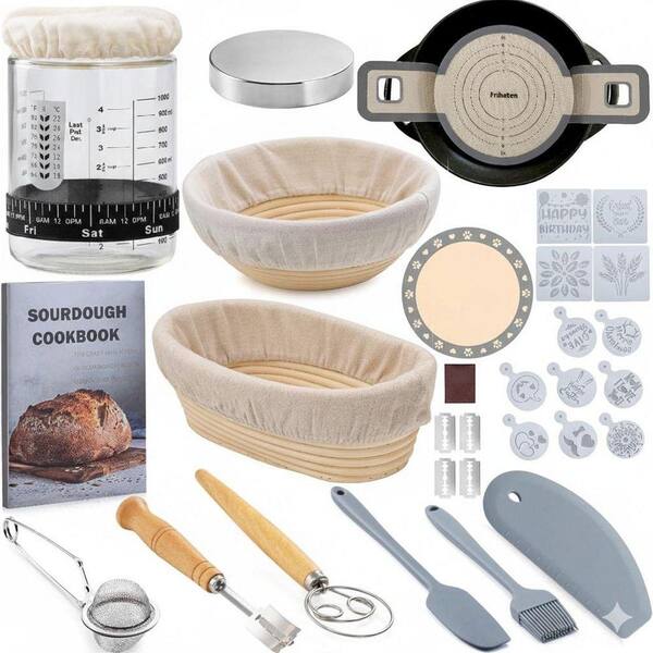 Sourdough Starter Kit with 9, 10 in. Banneton Basket, 40 oz. Jar, Silicone Bread Sling, Scoring Knife Cutter 12-Stencils