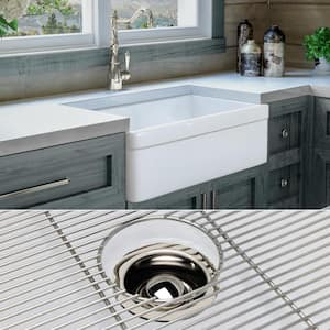 Luxury White Solid Fireclay 30 in. Single Bowl Farmhouse Apron Kitchen Sink with Polished Nickel Accs and Belted Front
