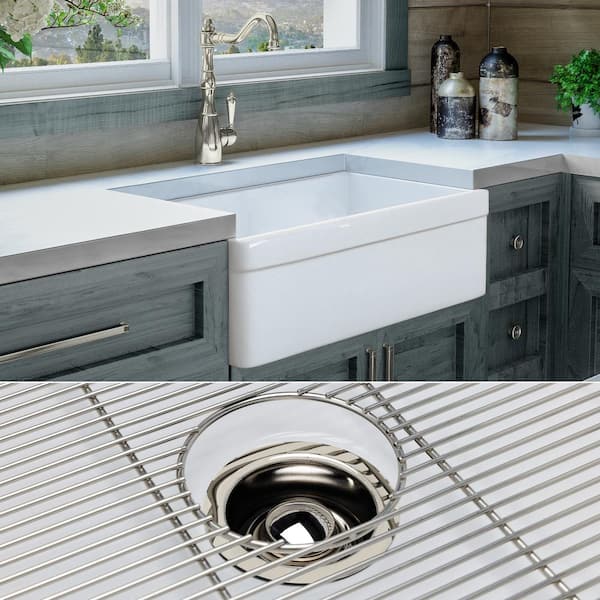 Fossil Blu Luxury White Solid Fireclay 30 in. Single Bowl Farmhouse Apron Kitchen Sink with Polished Nickel Accs and Belted Front