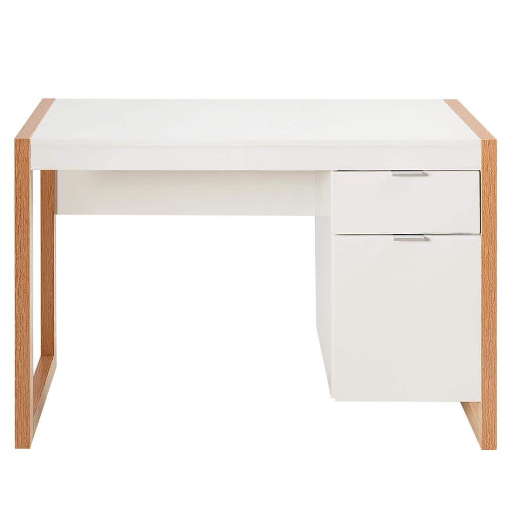 Modern White Natural Wood Computer Desk with Drawer and Cabinet