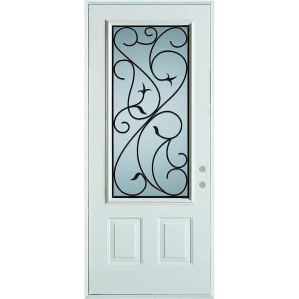 Stanley Doors 36 in. x 80 in. Silkscreened Glass 3/4 Lite 2-Panel Painted White Left-Hand Inswing Steel Prehung Front Door