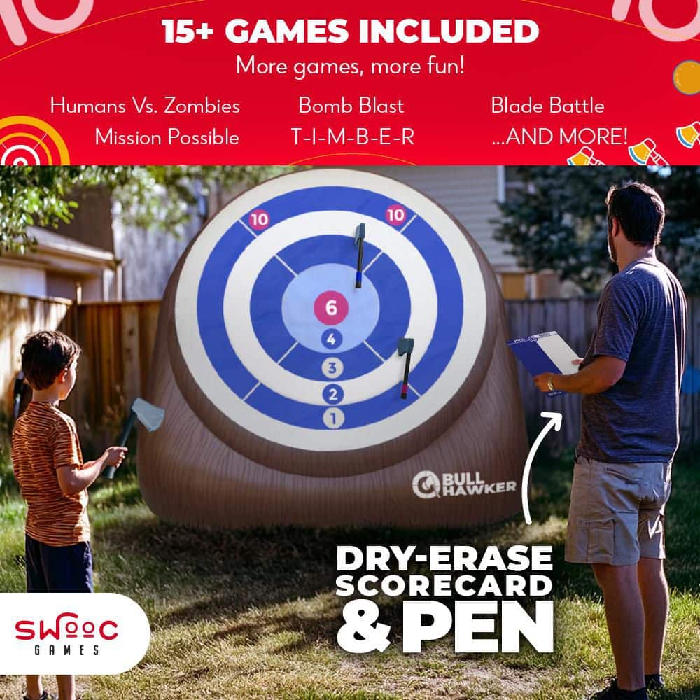 Bull Hawker : Giant Axe Darts (Over 6ft Tall) w/ 15  Games : Axe Throwing Game for Backyard w/ Air Pump : Carnival Games