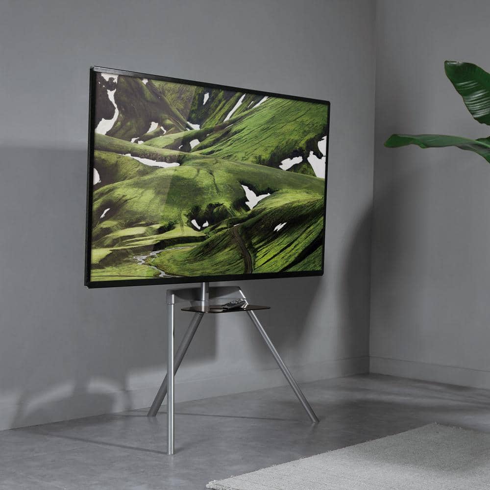 Modern Aluminum and Glass Tripod TV Stand with Shelf